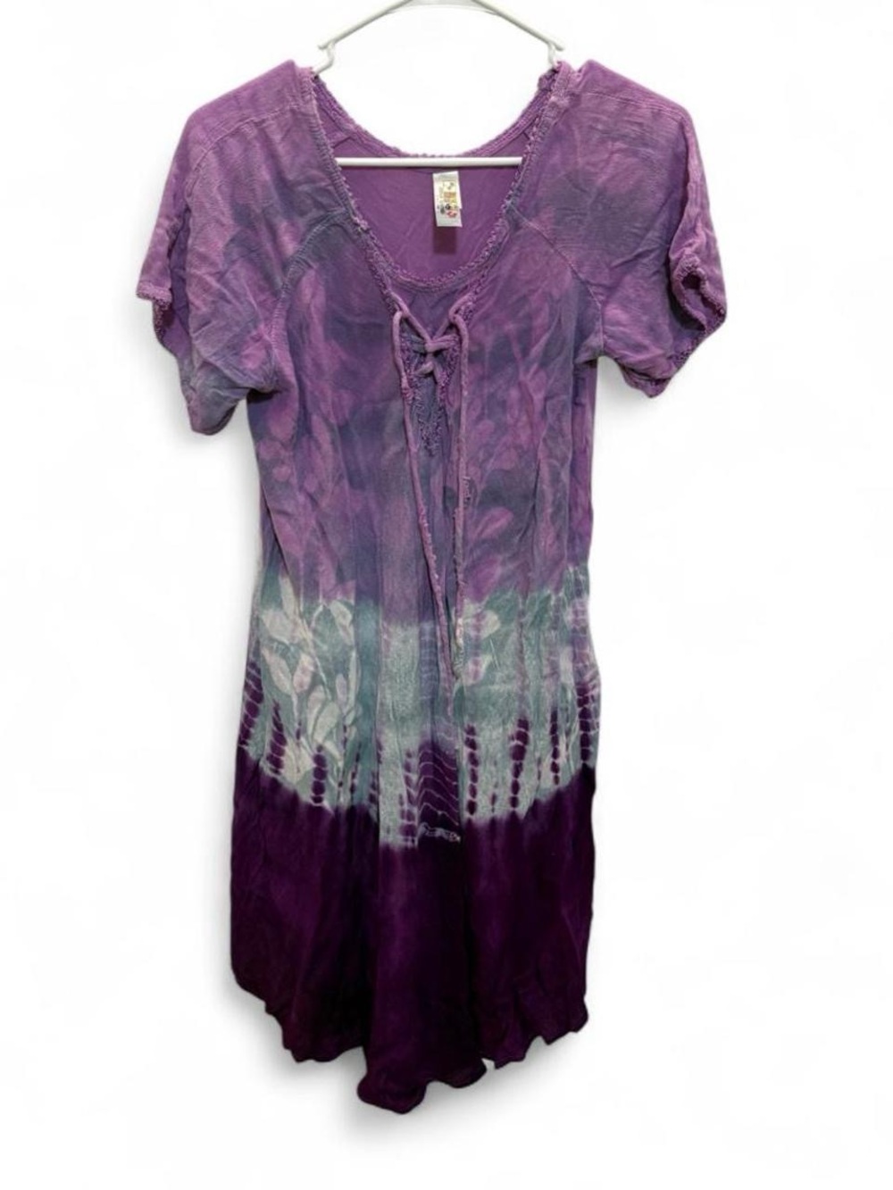 Tie-Dye Purple Short Sleeve V-Neck Dress